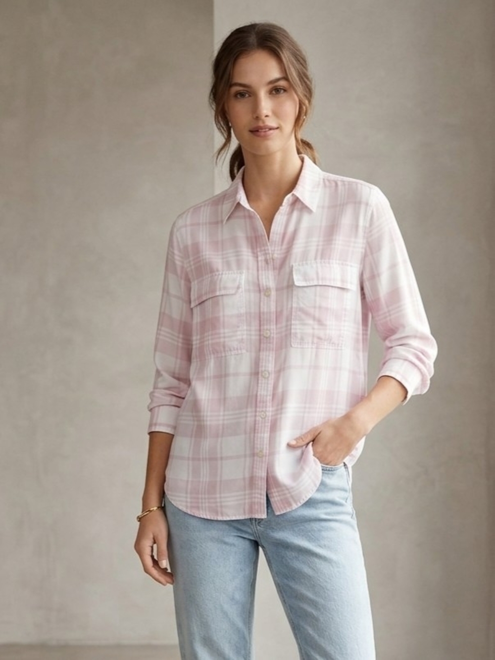 Aritzia Babaton Pale Pink & White Plaid Lyocell Long Sleeve Shirt